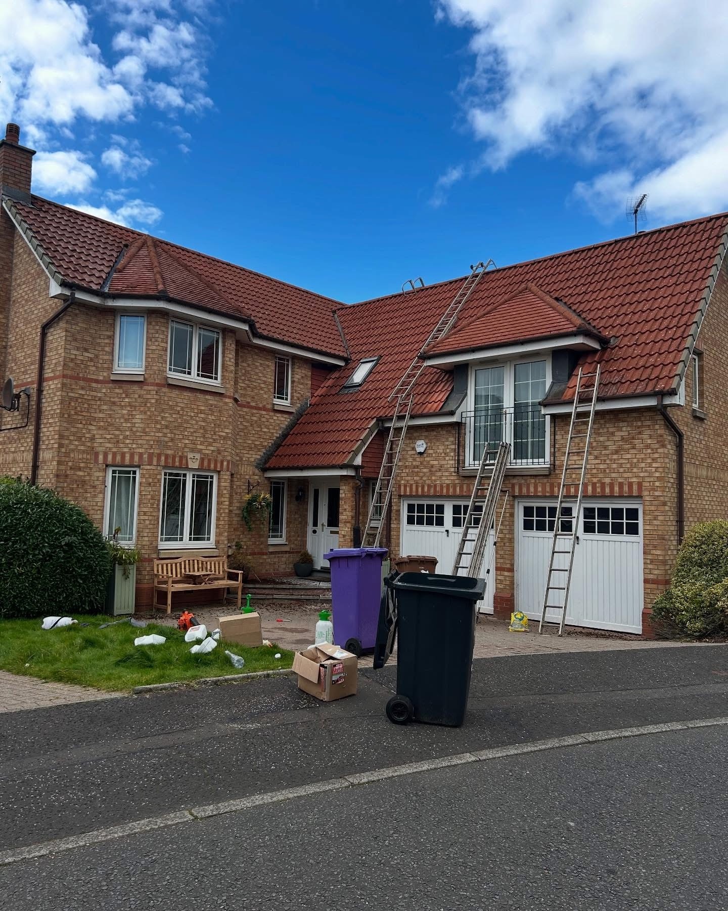 Clean roof tiles after manual scraping and biocide treatment