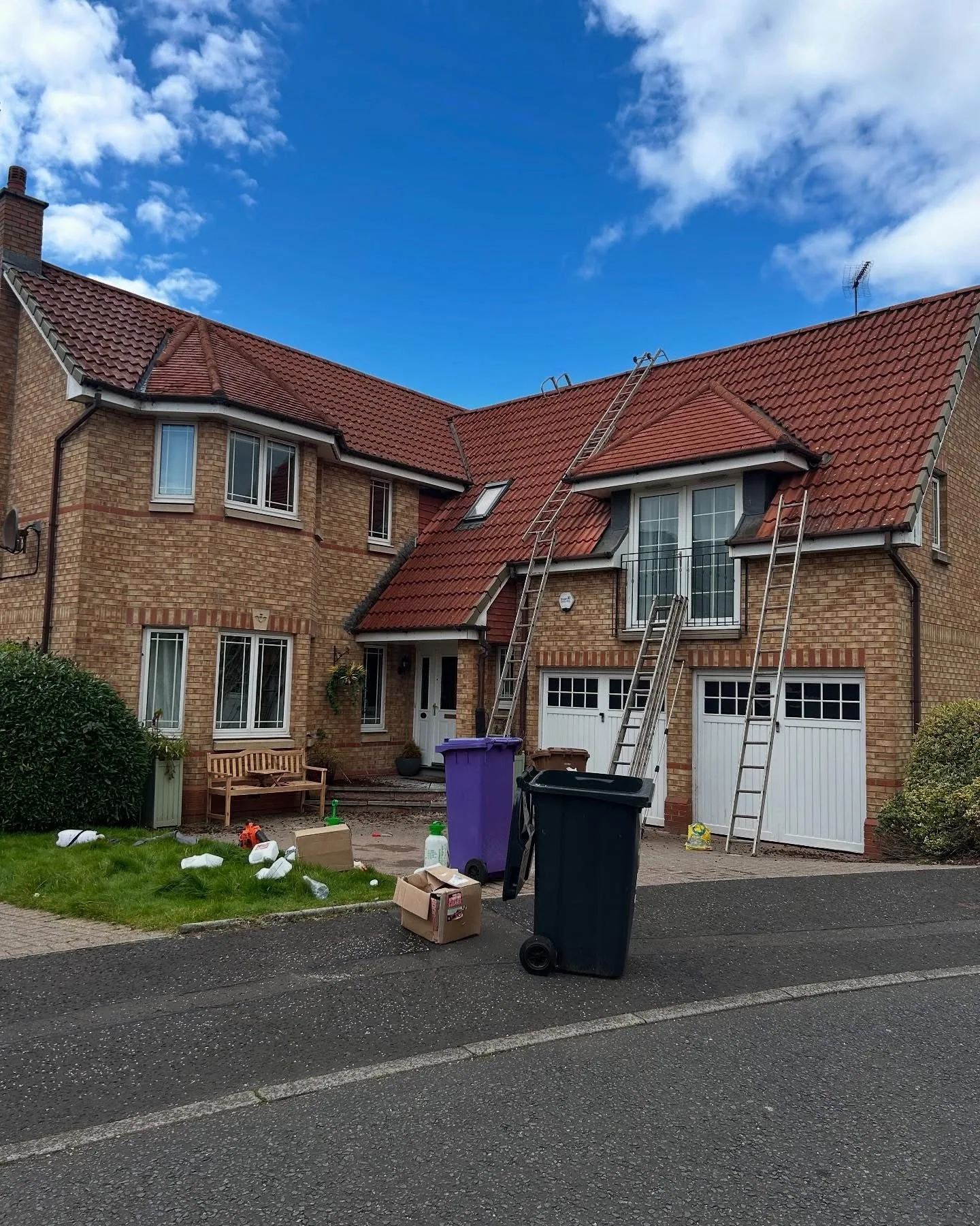Clean roof tiles after manual scraping and biocide treatment