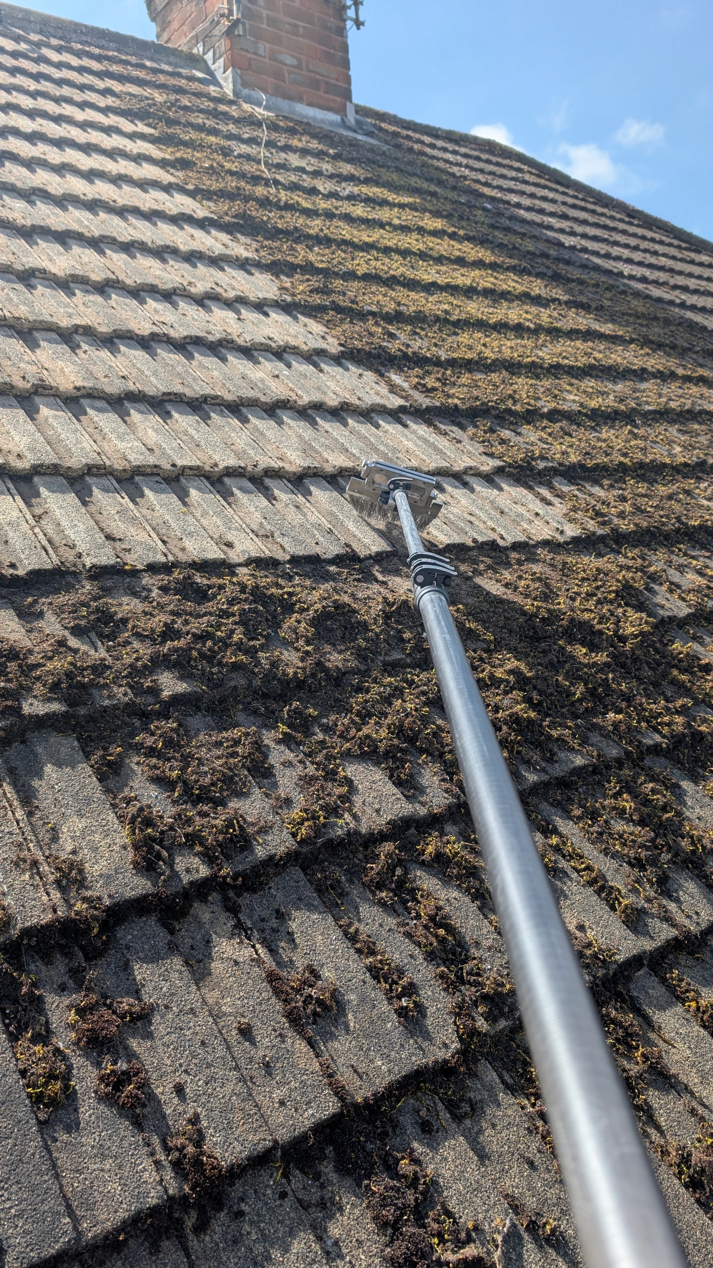 roof moss removal in progress — manual scraping Yorkshire